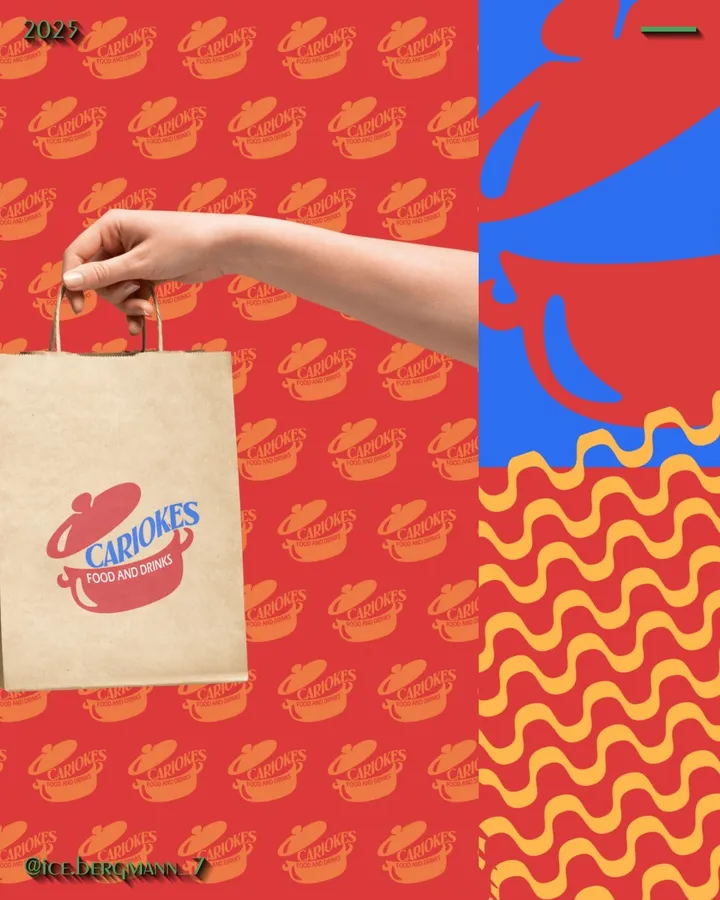 Identidade visual do restaurante Cariokes Food and Drinks: logotipo de panela vermelha em sacola kraft e patterns inspirados no calçadão carioca